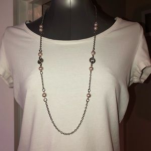 BR long necklace with rhinestone & pearls